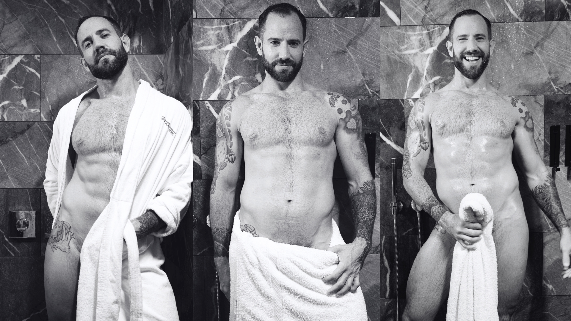 Model Tom in shower with Towel portraits black and white - Vigorate